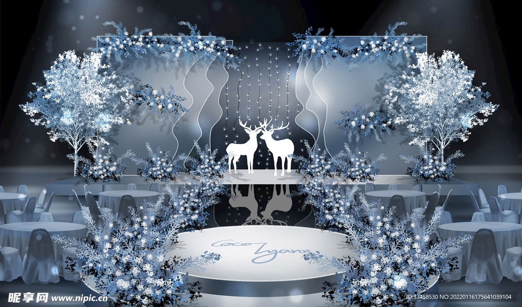冰雪假树雾霾蓝色麋鹿主题婚礼