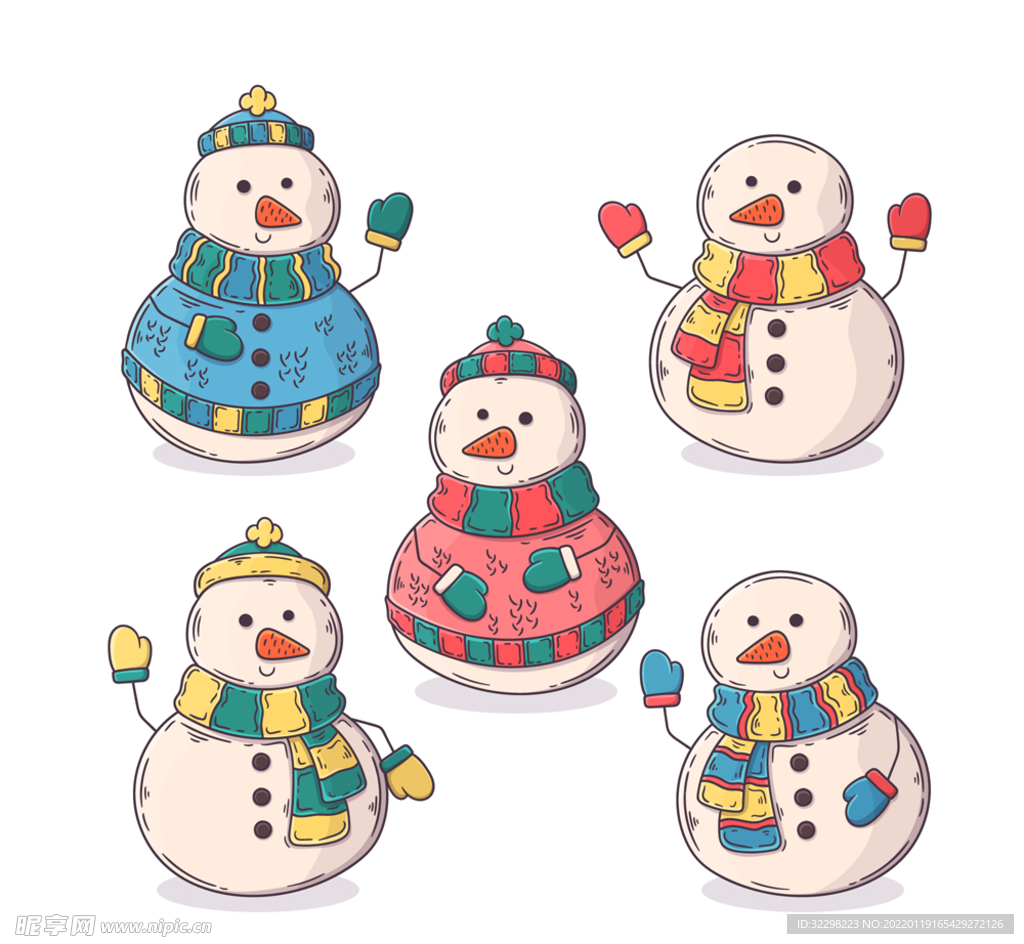 5款彩绘冬季雪人矢量素材
