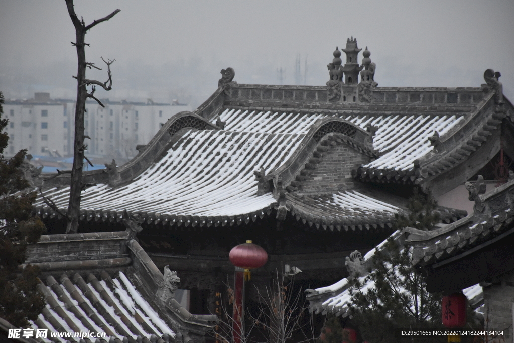 忻州古城古建筑冬天雪景屋顶积雪