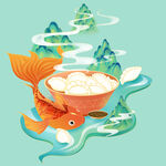 中国美食国潮风山水元素插画设计