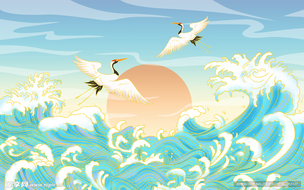 國風插畫大雁海浪