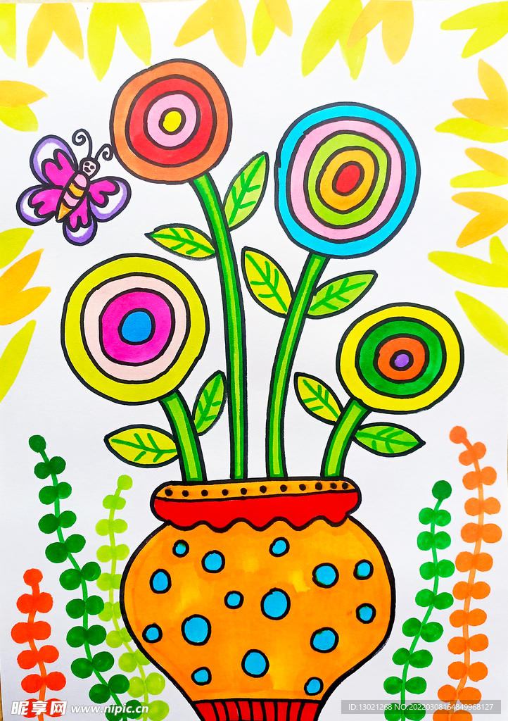 花朵花瓶儿童画