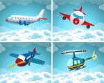 四个场景的飞机飞行在天空的插图