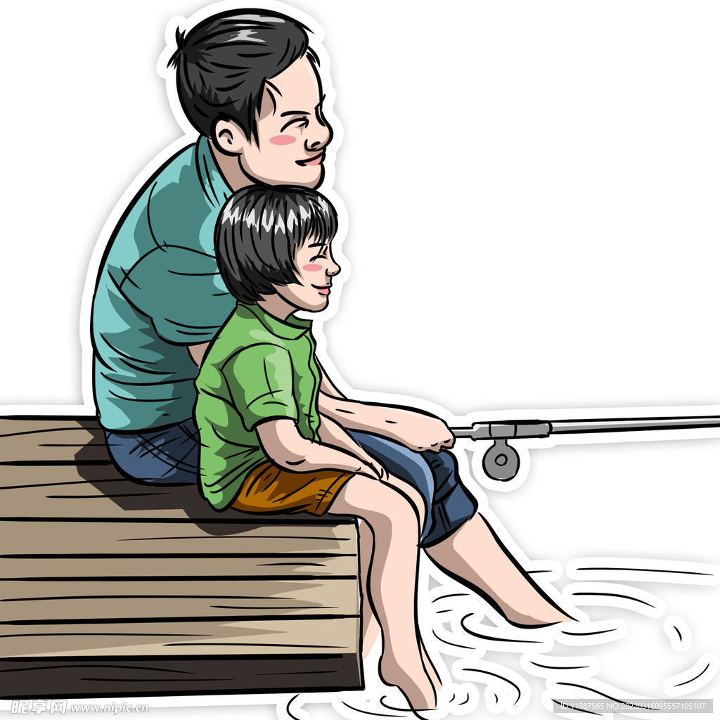池塘钓鱼的父子俩卡通分层图