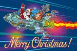 坐火箭的圣诞老人和驯鹿插画