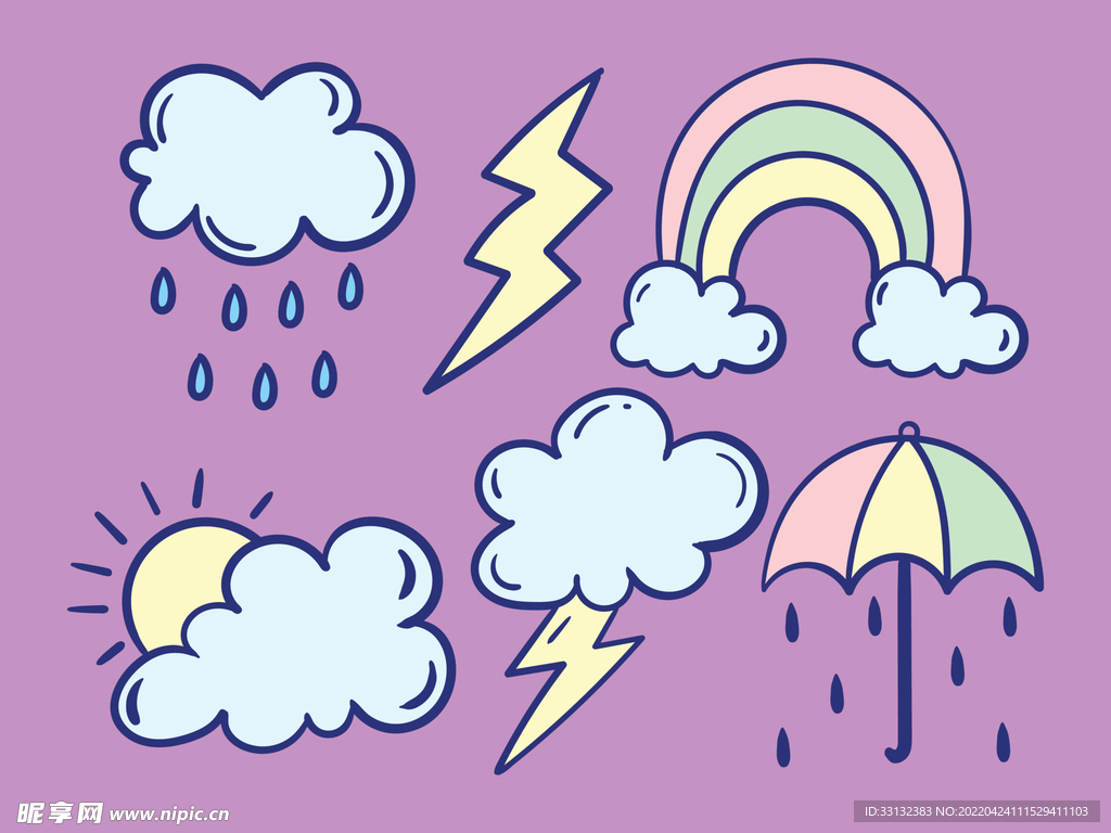 手绘卡通云朵下雨闪电彩虹雨伞