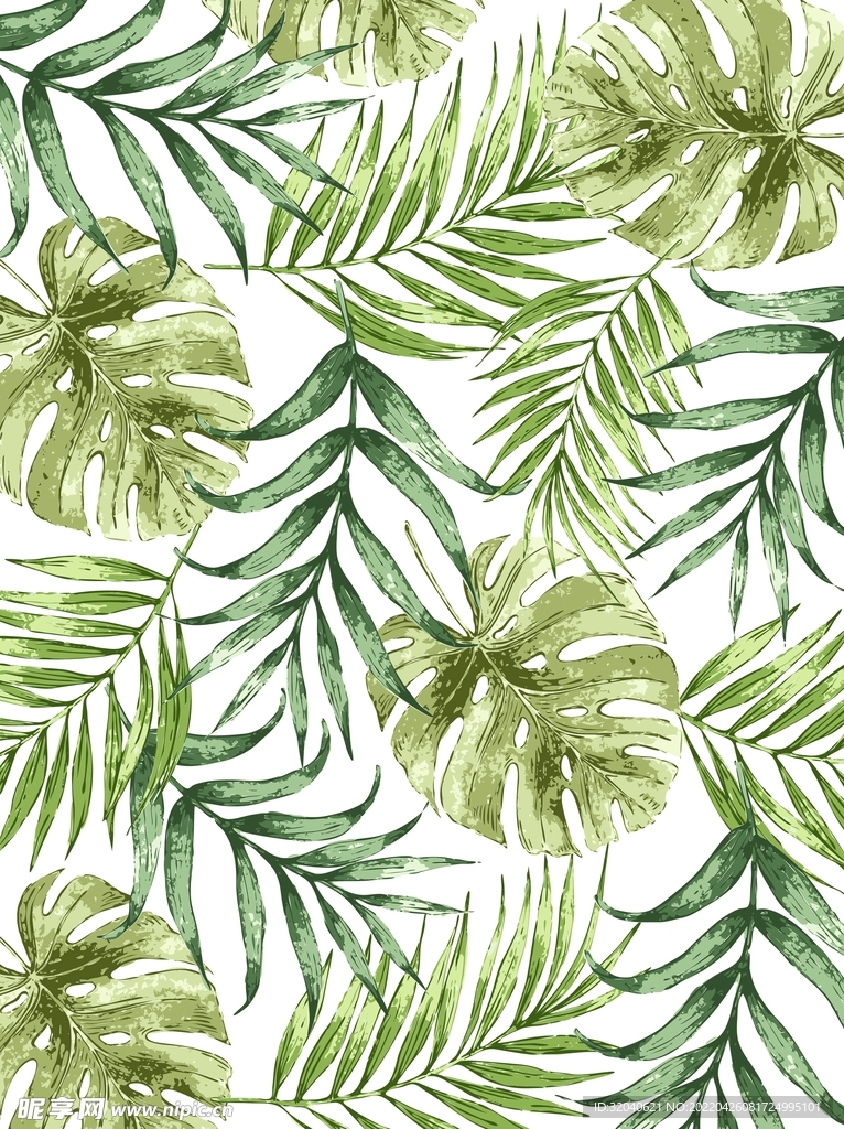 手绘写实风格热带植物叶子图案