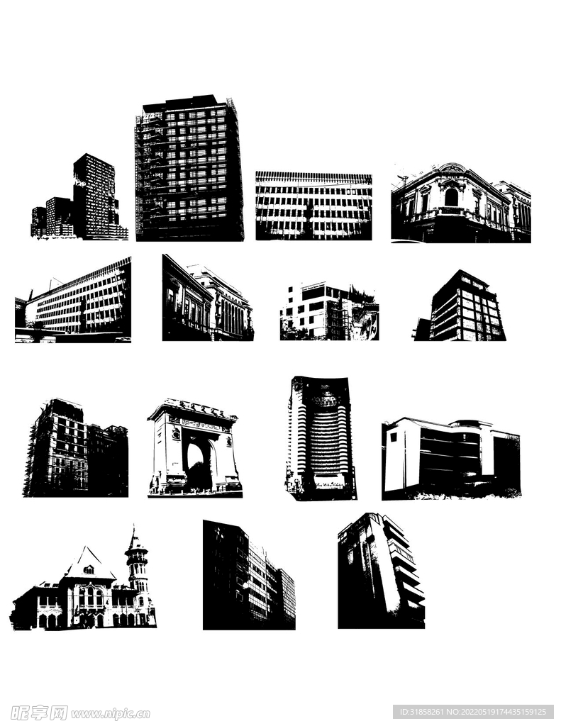 多款城市高楼建筑黑白剪影