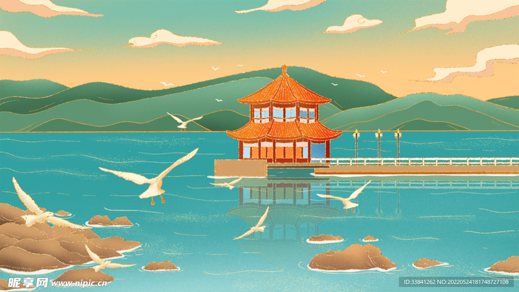 手繪中國風(fēng)河邊涼亭插