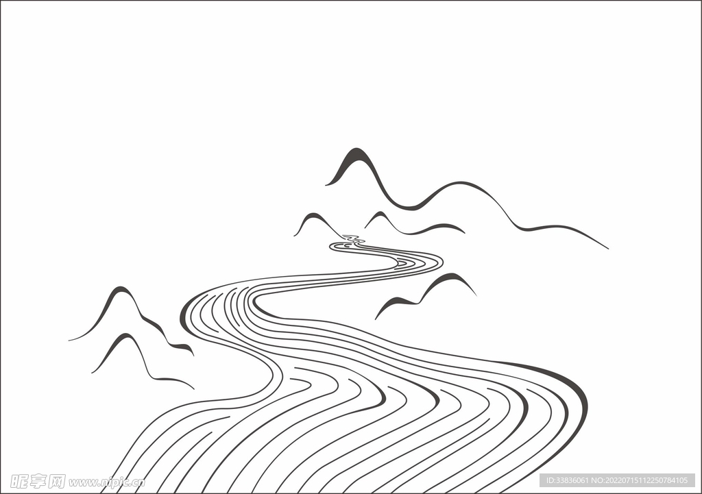 矢量线条手绘山脉河流图案