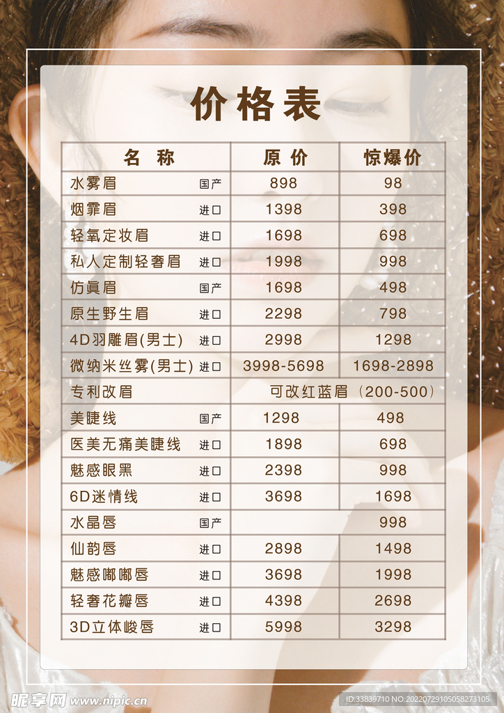 價格表