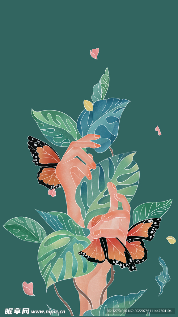 创意手与树叶与蝴蝶插画