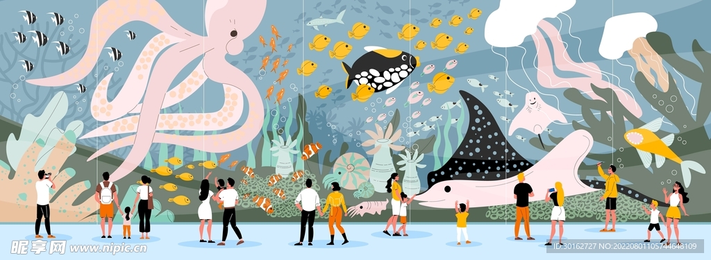 扁平化海底世界海洋馆创意插画