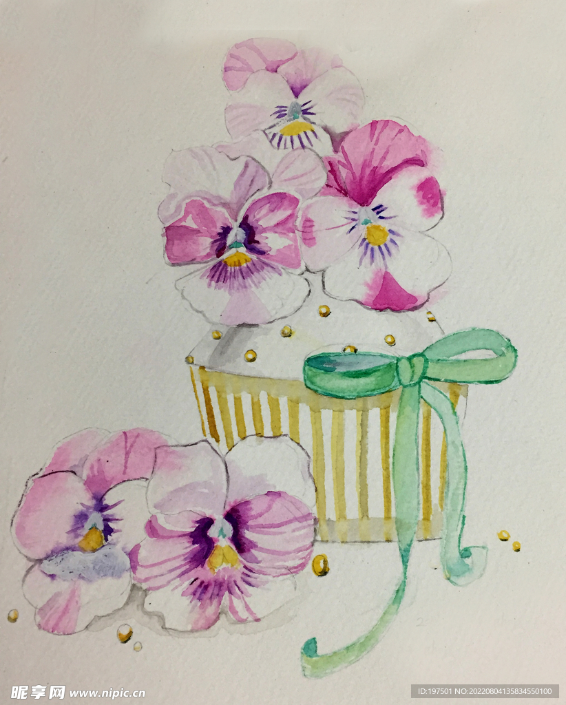 蝴蝶花与蛋糕水彩画