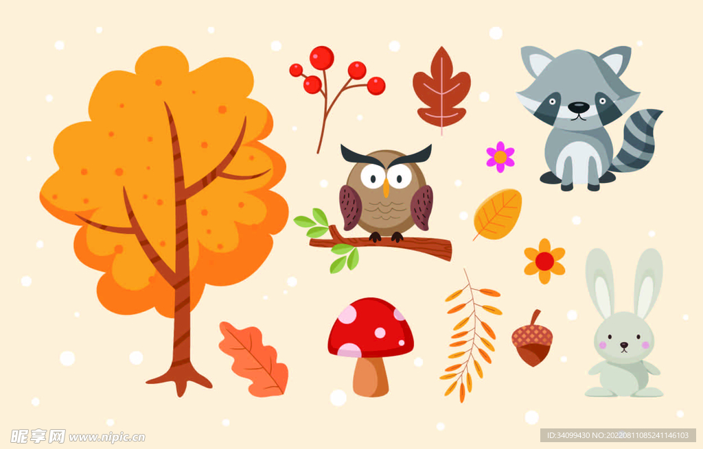 ai矢量秋天树叶与动物元素