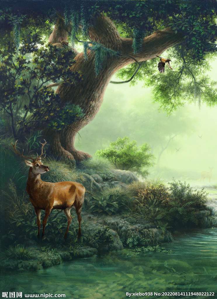 树林麋鹿高清风景画挂画