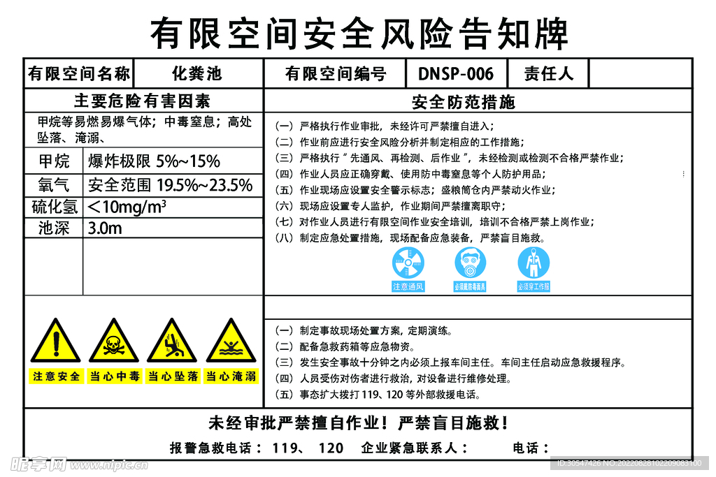 有限空间告知卡  卡片 安全风