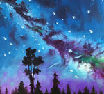 夜空下的树林油画