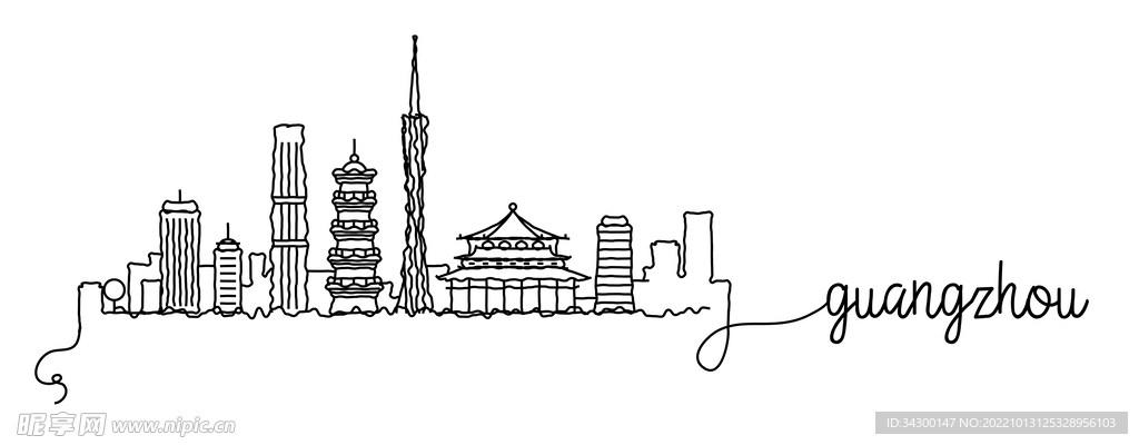 广州地标建筑线稿手绘