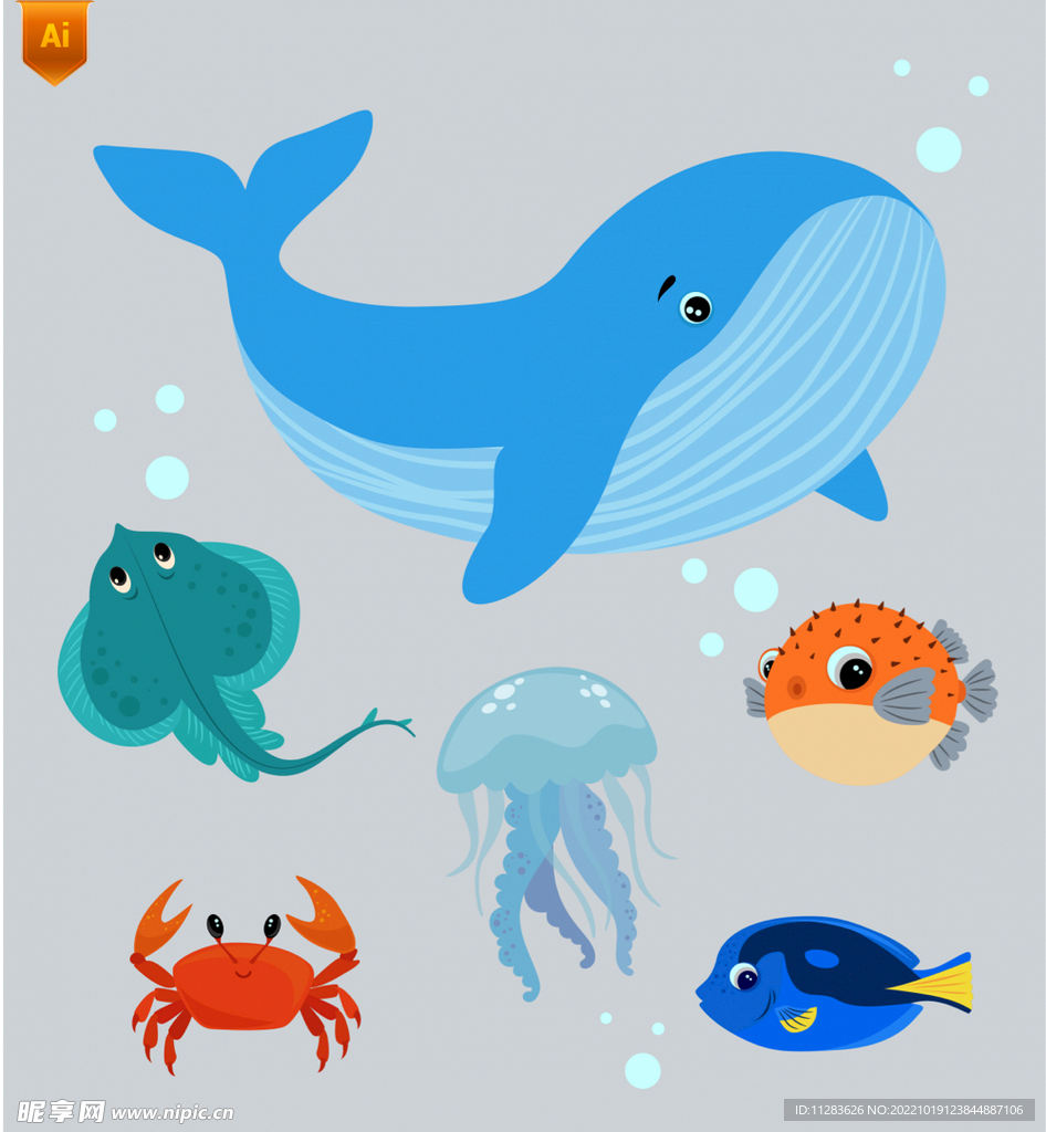 鲸鱼水母卡通海洋动物插画