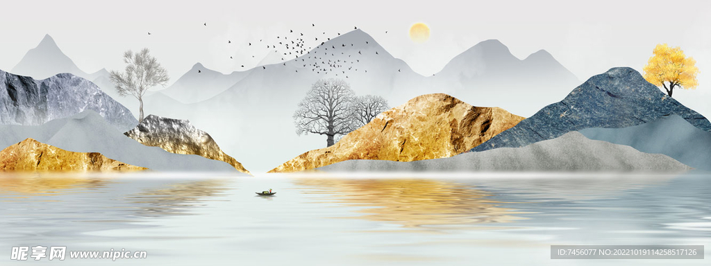 新中式山水湖泊艺术挂画装饰画
