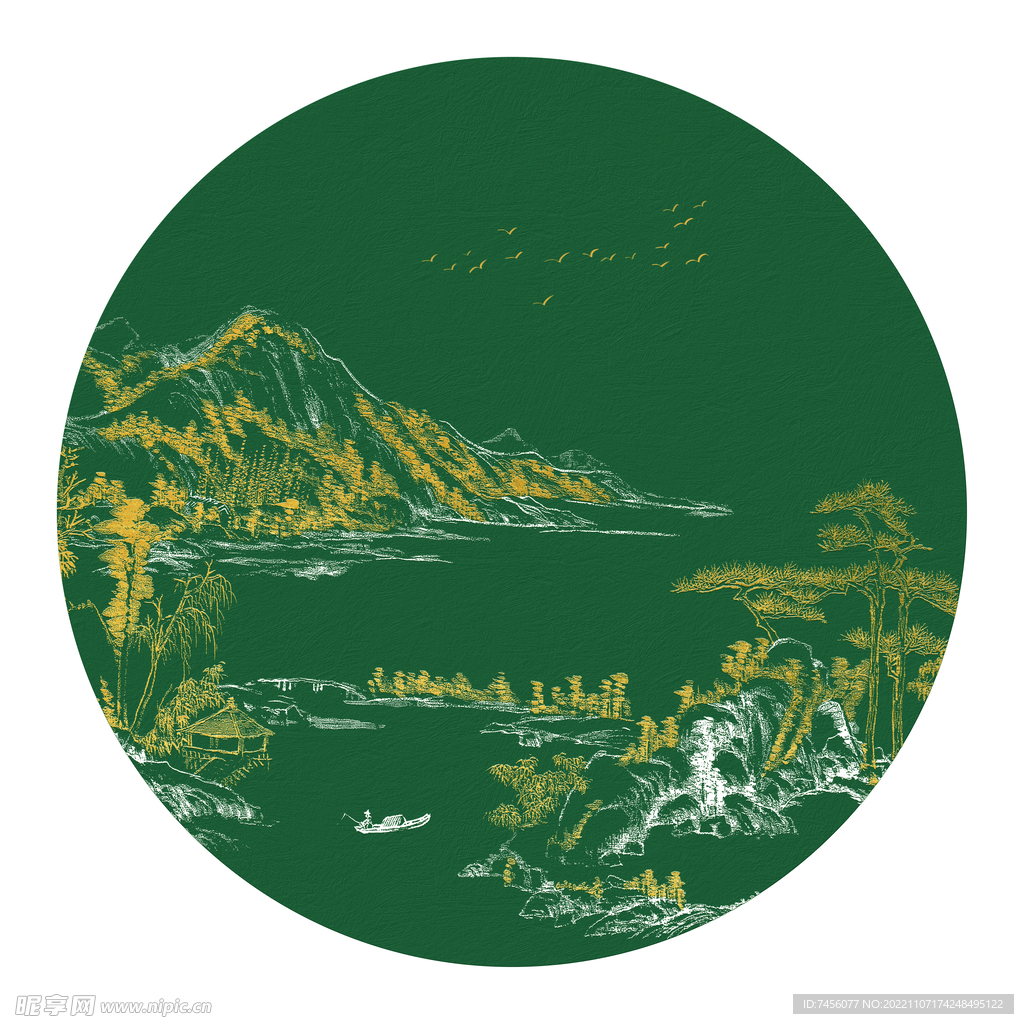 金箔山脉绿色背景挂画装饰画