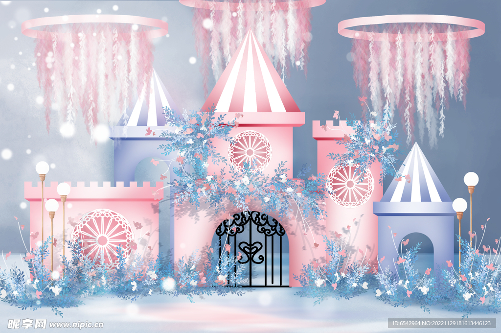蓝粉紫撞色梦幻童话城堡宝宝宴婚