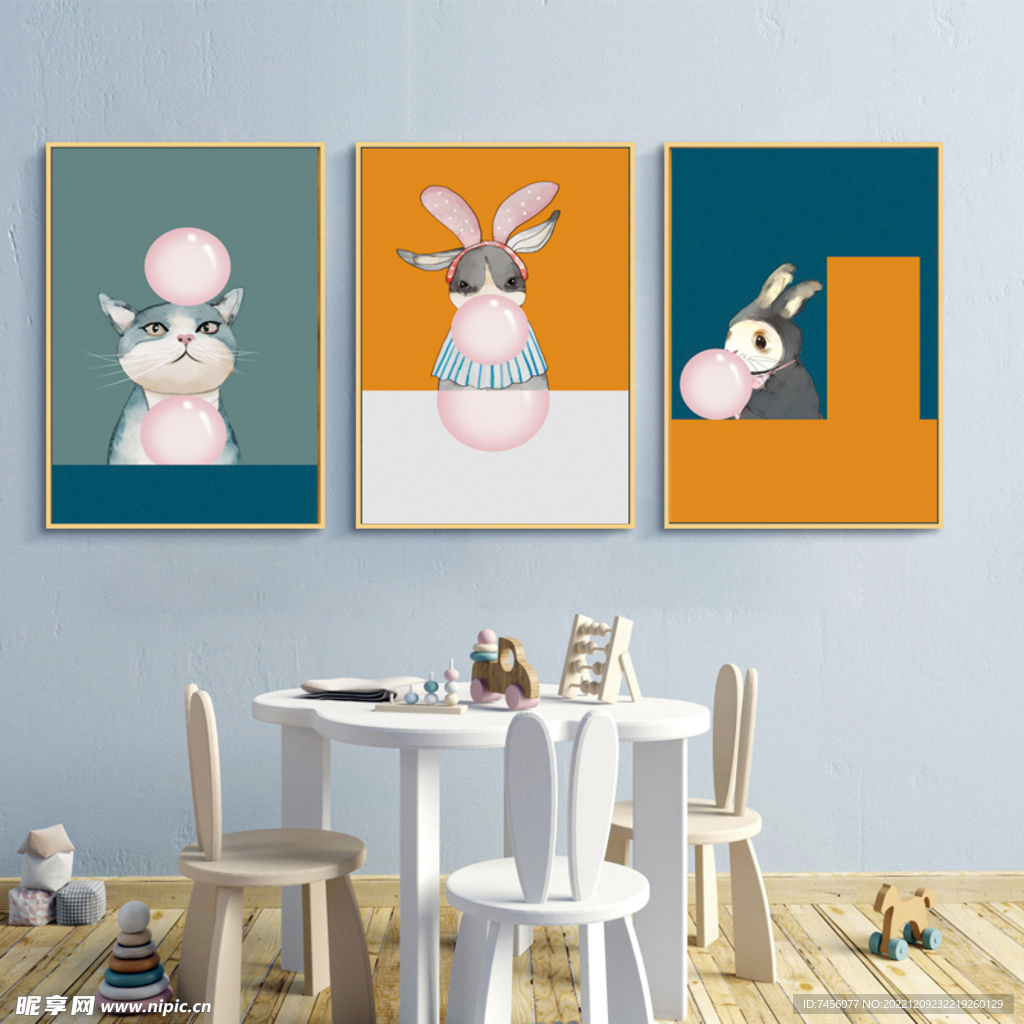 水彩猫兔子三联挂画装饰画