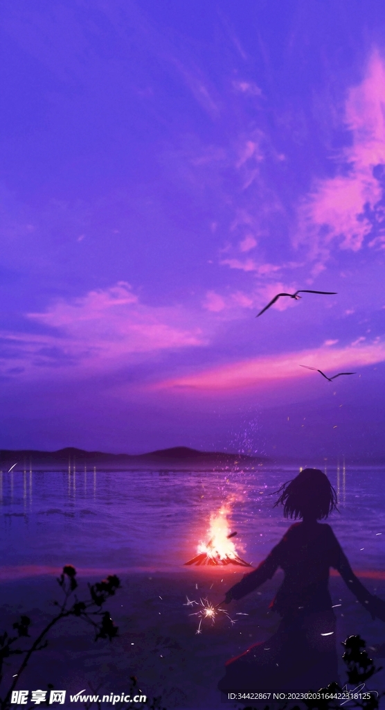 蓝紫色幻想日落与飞鸟