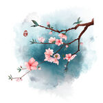 手绘水墨春季桃花装饰图案