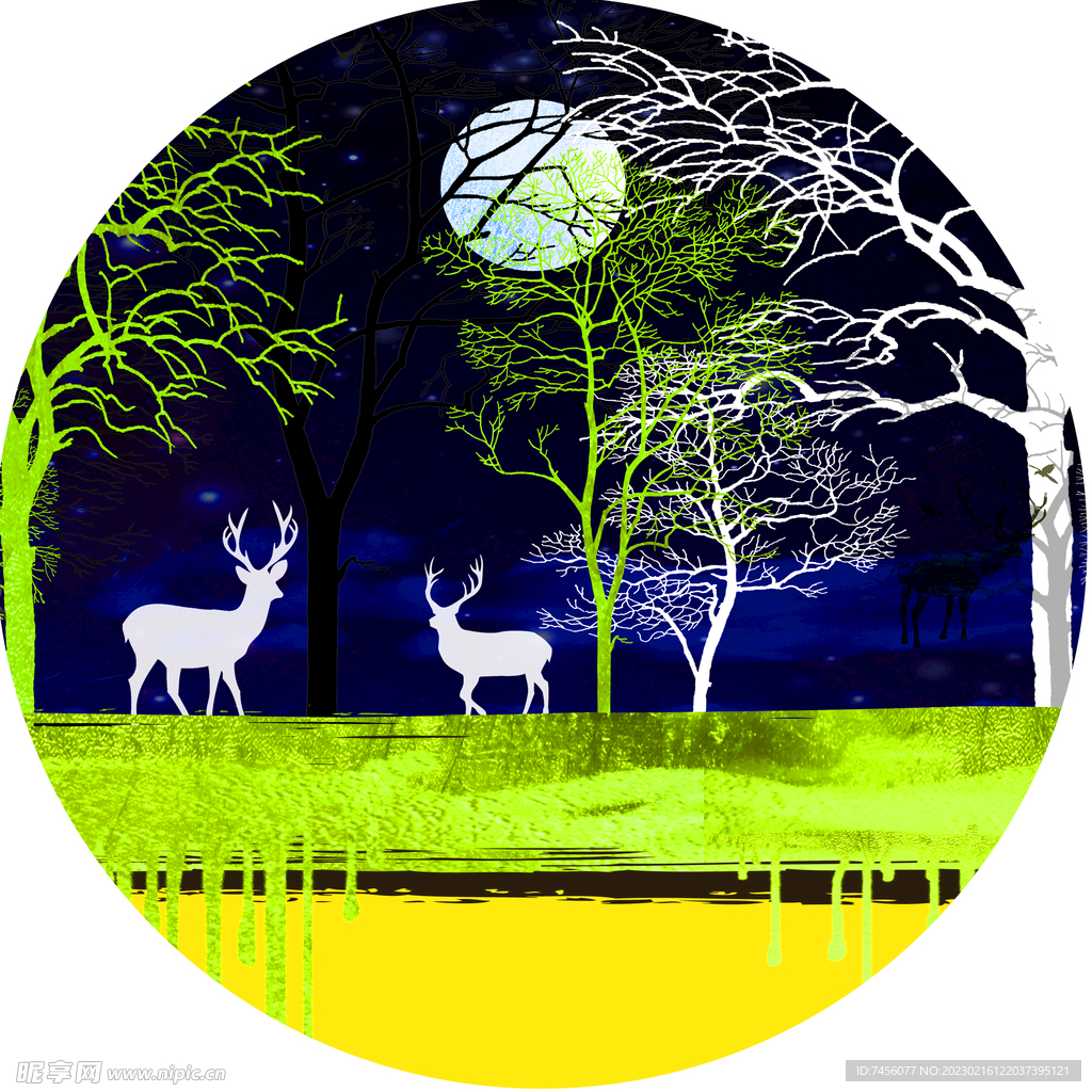 麋鹿树林水彩圆形挂画装饰画
