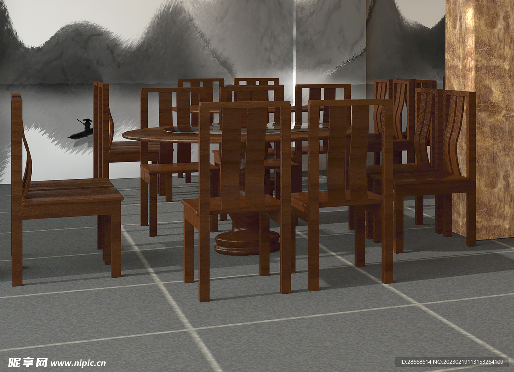 中式木纹桌椅模型