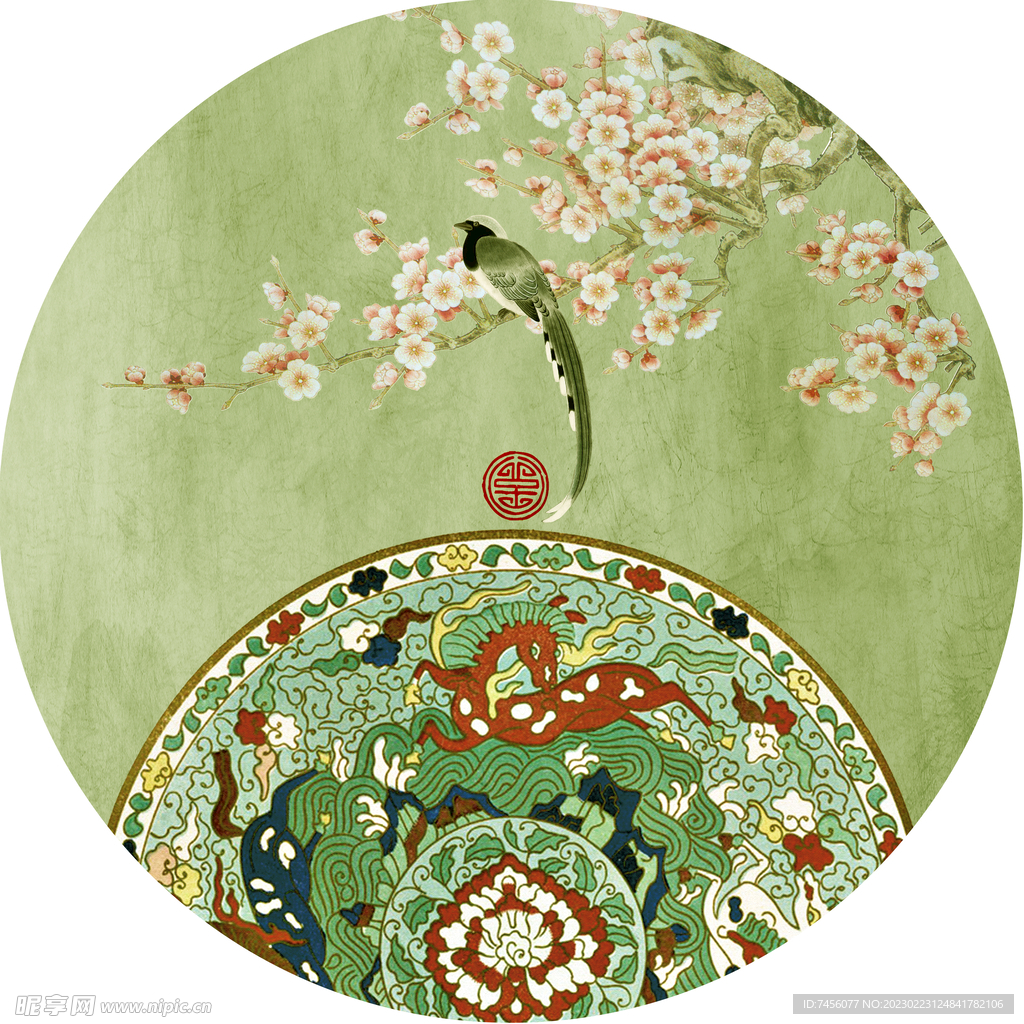 花鸟水彩花卉中式圆形挂画装饰画