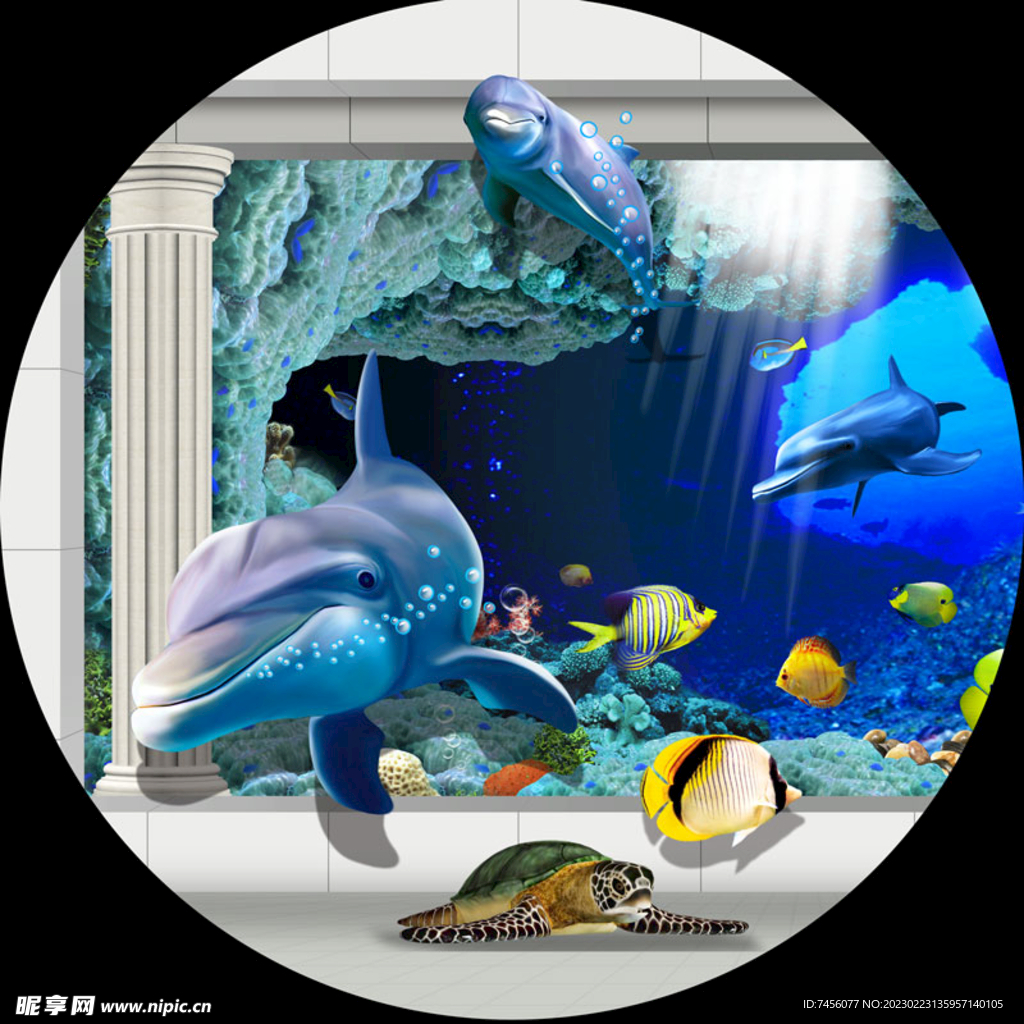 海豚海底世界游鱼圆形挂画装饰画