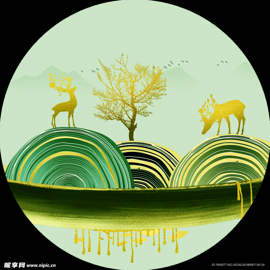 水彩麋鹿湖畔圆形挂画装饰画