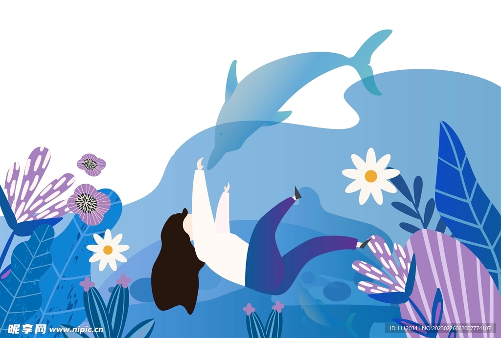 海洋里的海豚环保插画