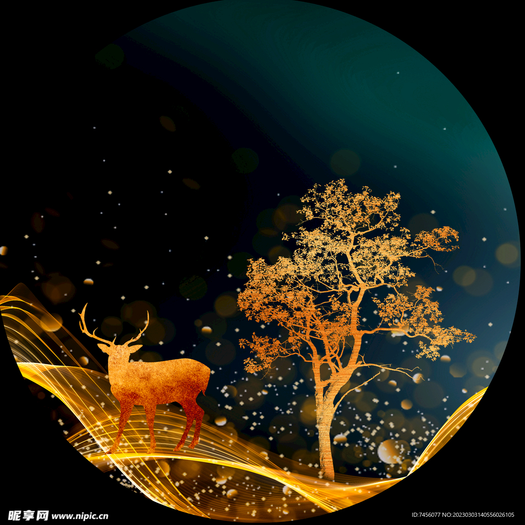 金箔麋鹿树唯美圆形挂画装饰画