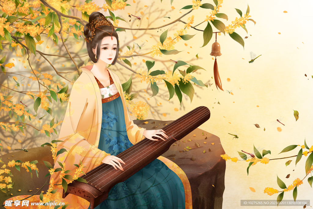 中国风弹古筝的古代女子古风插画