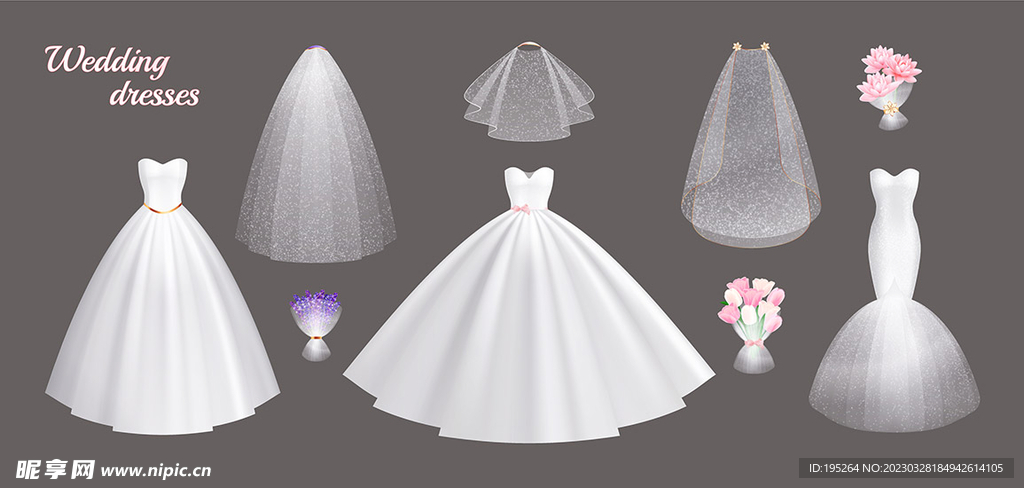 白色婚纱和新娘配饰AI矢量图