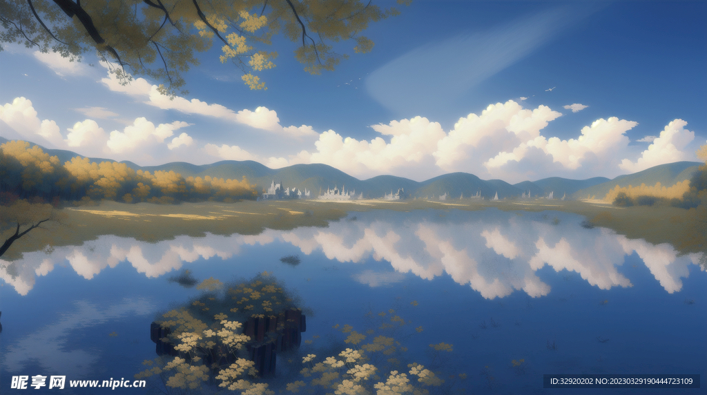 大气美丽的蓝天与湖泊风景插画壁