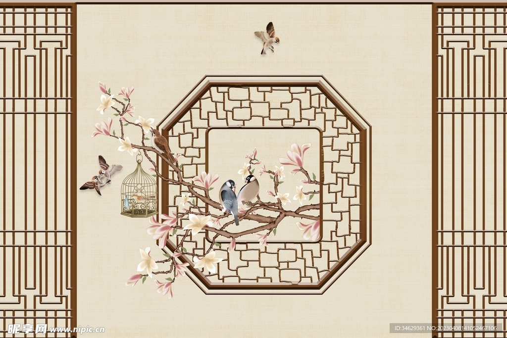 手绘小鸟花卉中国风封面包装设计