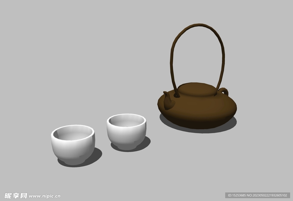 紫砂茶壶白瓷茶杯模型