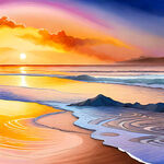 海边日出水彩风景画