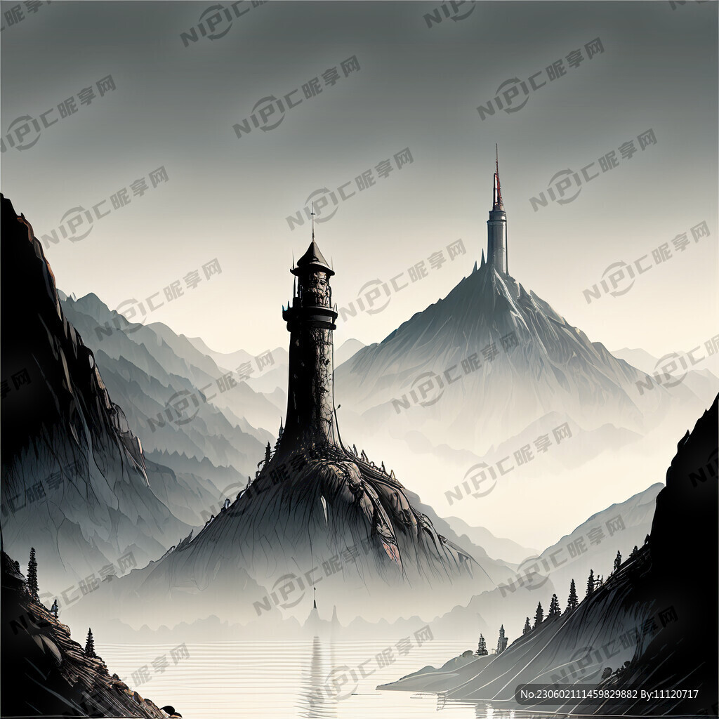 山水線描 遠(yuǎn)處有塔 近處有船