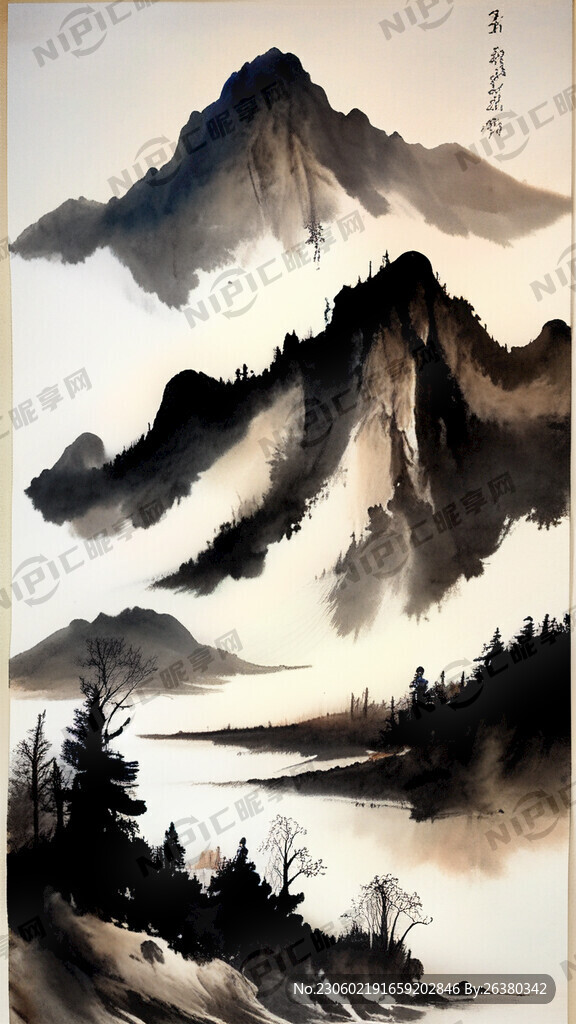 山水 水墨 鹿
