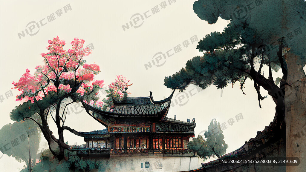 城墻 梅花 松樹 小船 