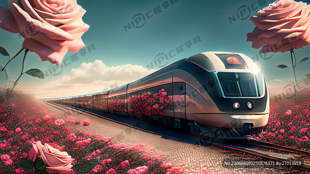 一輛光速列車在開滿玫瑰花的道路