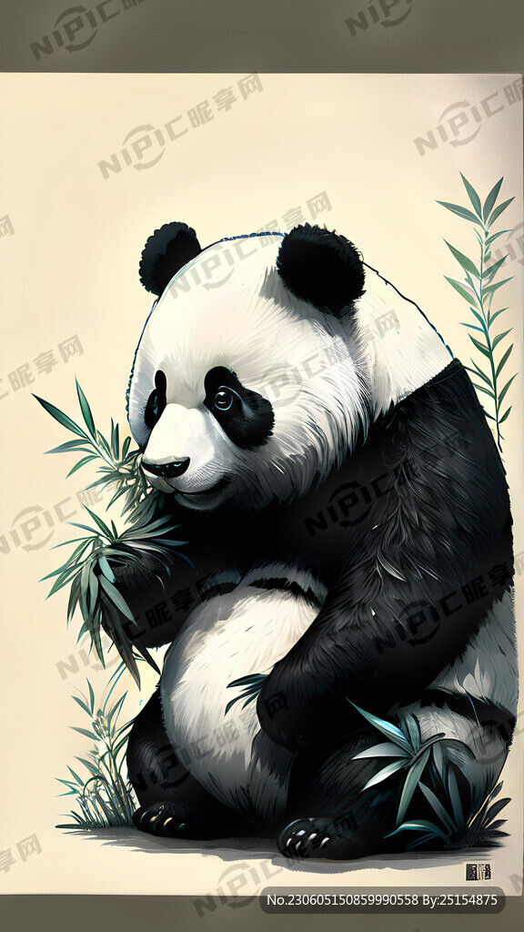 黑白色 熊貓手里拿著竹子 高清