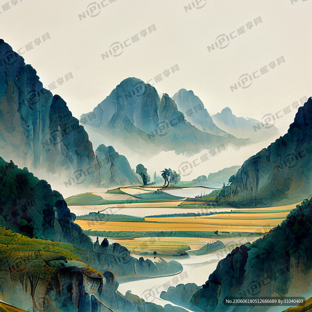 山谷 中國風(fēng) 中國畫 山水 牛