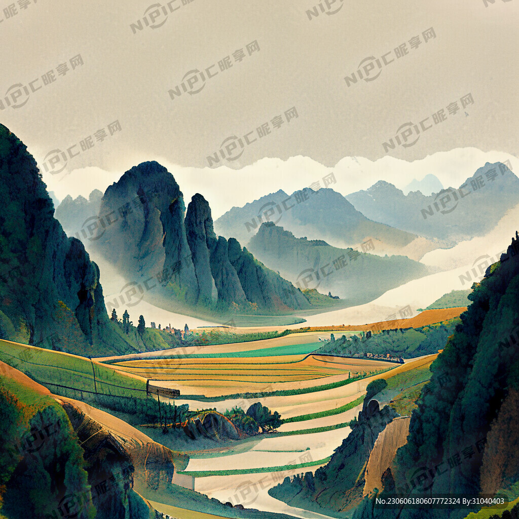 山谷 中國風 中國畫 山水 牛